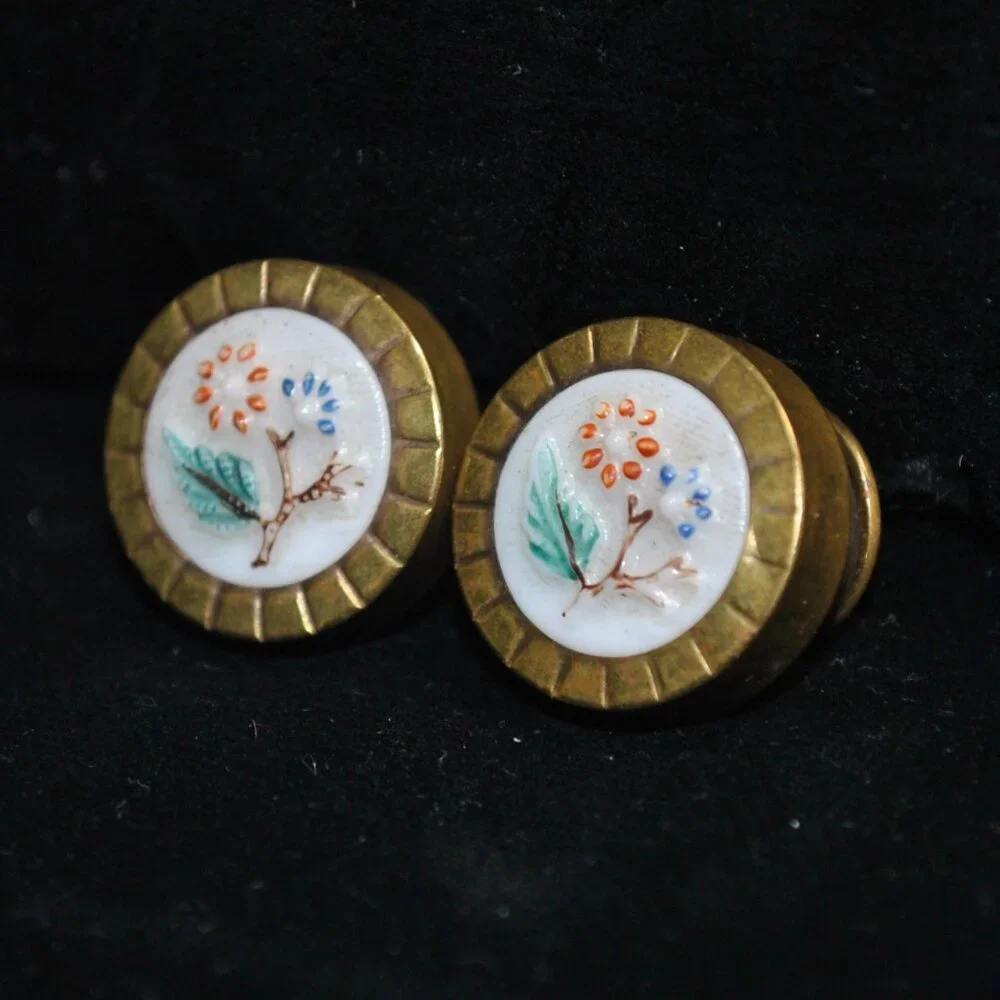 Antique Victorian Milk Glass Cufflinks with Painted Flowers